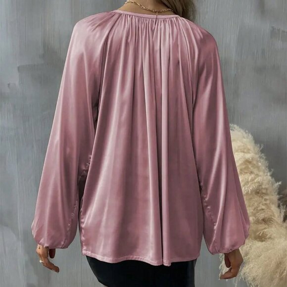 Dusty Pink Casual Women's Elegant Tie Collar Lantern Sleeve Ruched Blouse - Picture 5 of 5